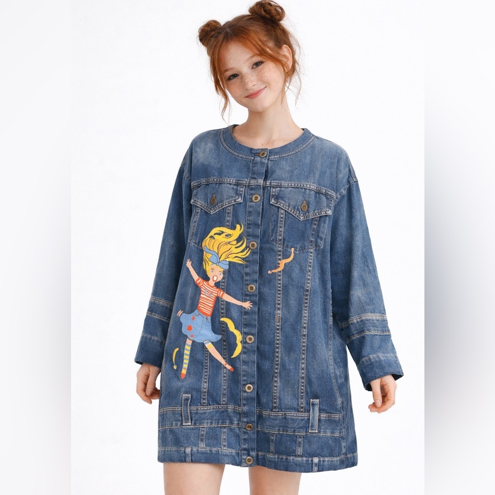 Tsumori Chisato Sleep Denim Print Nightgown Cartoon Girl Oversized Tunic